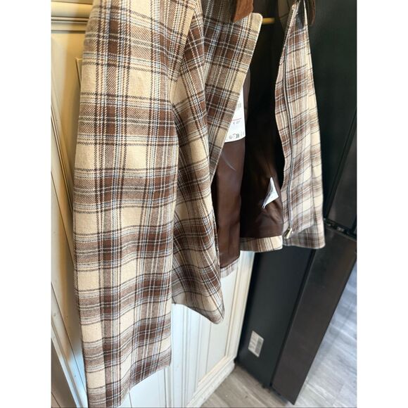 Zara Women's Plaid Full Zip Velvet Collar Cropped Cape Jacket Brown XS NWT - Picture 3 of 8